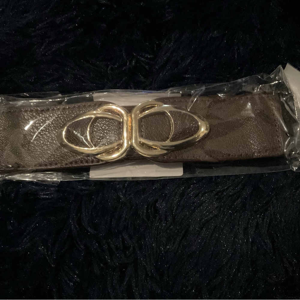 NWT Coffee (Brown) Elastic Cinch Belt | Gold Interlocking Buckle | Waist Belt - Picture 3 of 4